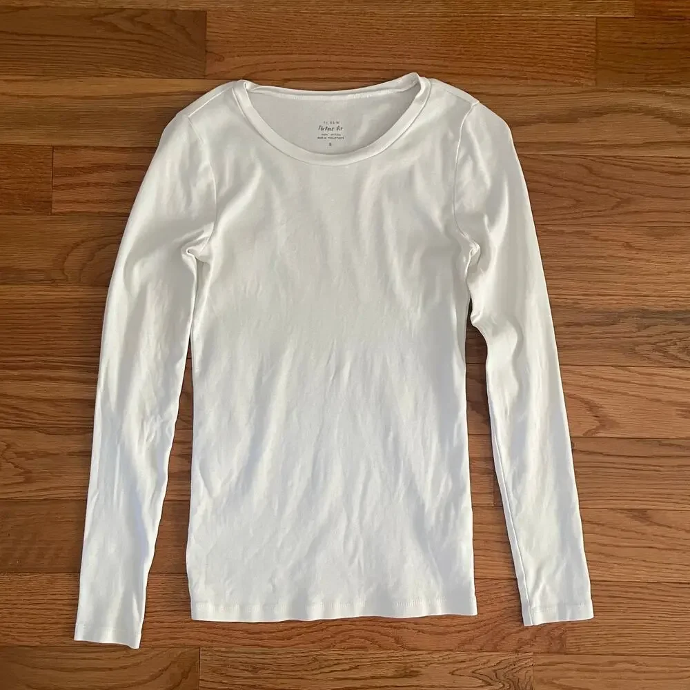 J. Crew Perfect Fit Long Sleeve Tee White Womens Small S Cotton Crewneck Basic
